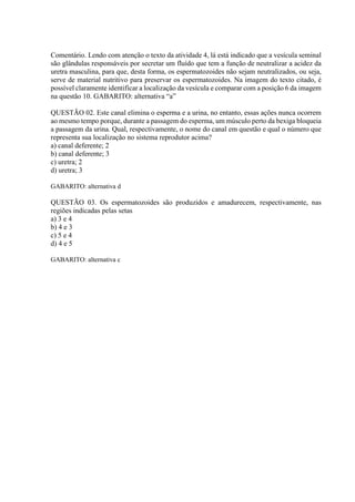 Comentário. Lendo com atenção o texto da atividade 4, lá está indicado que a vesícula seminal
são glândulas responsáveis por secretar um fluído que tem a função de neutralizar a acidez da
uretra masculina, para que, desta forma, os espermatozoides não sejam neutralizados, ou seja,
serve de material nutritivo para preservar os espermatozoides. Na imagem do texto citado, é
possível claramente identificar a localização da vesícula e comparar com a posição 6 da imagem
na questão 10. GABARITO: alternativa “a”
QUESTÃO 02. Este canal elimina o esperma e a urina, no entanto, essas ações nunca ocorrem
ao mesmo tempo porque, durante a passagem do esperma, um músculo perto da bexiga bloqueia
a passagem da urina. Qual, respectivamente, o nome do canal em questão e qual o número que
representa sua localização no sistema reprodutor acima?
a) canal deferente; 2
b) canal deferente; 3
c) uretra; 2
d) uretra; 3
GABARITO: alternativa d
QUESTÃO 03. Os espermatozoides são produzidos e amadurecem, respectivamente, nas
regiões indicadas pelas setas
a) 3 e 4
b) 4 e 3
c) 5 e 4
d) 4 e 5
GABARITO: alternativa c
 