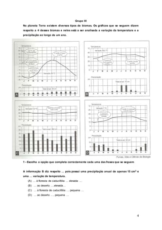 4
Grupo III
No planeta Terra existem diversos tipos de biomas. Os gráficos que se seguem dizem
respeito a 4 desses biomas e neles está a ser analisada a variação da temperatura e a
precipitação ao longo de um ano.
1 - Escolha a opção que completa correctamente cada uma das frases que se seguem
A informação B diz respeito … pois possui uma precipitação anual de apenas 15 cm3 e
uma … variação de temperatura.
(A) … à floresta de caducifólia … elevada …
(B) … ao deserto ….elevada…
(C) … à floresta de caducifólia … pequena …
(D) … ao deserto …. pequena …
 