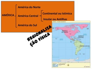 América do Norte
América Central
América do Sul
Continental ou Istímica
Insular ou Antilhas
AMÉRICA
 