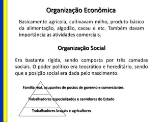 Organização Econômica
Basicamente agrícola, cultivavam milho, produto básico
da alimentação, algodão, cacau e etc. Também davam
importância as atividades comerciais.
Organização Social
Era bastante rígida, sendo composta por três camadas
sociais. O poder político era teocrático e hereditário, sendo
que a posição social era dada pelo nascimento.
Família real, ocupantes de postos de governo e comerciantes
Trabalhadores especializados e servidores do Estado
Trabalhadores braçais e agricultores
 