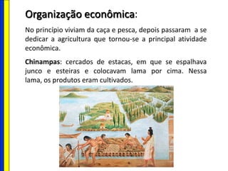 Organização econômica:
No princípio viviam da caça e pesca, depois passaram a se
dedicar a agricultura que tornou-se a principal atividade
econômica.
Chinampas: cercados de estacas, em que se espalhava
junco e esteiras e colocavam lama por cima. Nessa
lama, os produtos eram cultivados.
 