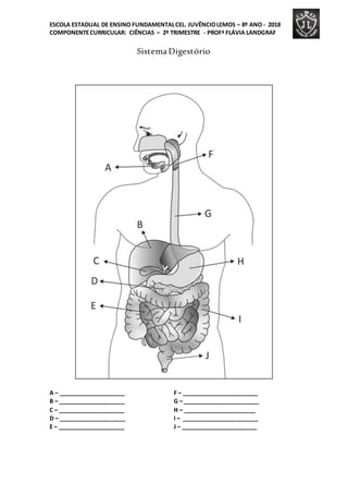 ESCOLA ESTADUAL DE ENSINO FUNDAMENTALCEL. JUVÊNCIOLEMOS – 8º ANO - 2018
COMPONENTECURRICULAR: CIÊNCIAS – 2º TRIMESTRE - PROFª FLÁVIA LANDGRAF
Sistema Digestório
A – _____________________ F – ________________________
B – _____________________ G – ________________________
C – _____________________ H – _______________________
D – _____________________ I – ________________________
E – _____________________ J – ________________________
 