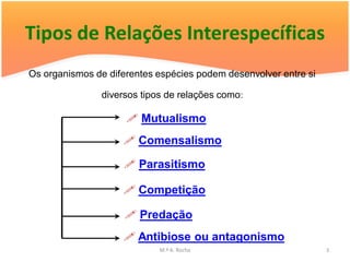 Tipos de Relações Interespecíficas
Os organismos de diferentes espécies podem desenvolver entre si

                diversos tipos de relações como:

                      Mutualismo
                     Comensalismo

                      Parasitismo

                     Competição

                      Predação
                     Antibiose ou antagonismo
                             M.ª A. Rocha                         3
 
