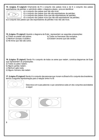 14. (Lógica. É Lógico!) Chamando de R o conjunto dos países ricos e de E o conjunto dos países
exportadores de petróleo, e admitindo válido o diagrama abaixo, procure identificar:
a) o conjunto dos países que não são ricos;
b) o conjunto dos países que não são exportadores de petróleo;
c) o conjunto dos países ricos que são exportadores de petróleo;
d) o conjunto dos países ricos que não são exportadores de petróleo;
e) o conjunto dos países que são exportadores de petróleo mas não são ricos.
15. (Lógica. É Lógico!) Usando o diagrama de Euler, representem as seguintes proposições:
a) Todos os poetas são pobres. b) Todos os franceses são europeus.
c) Nenhum europeu é asiático. d) Existem árvores que são verdes.
e) Há livros que não são caros.
16. (Lógica. É Lógico!) Sendo N o conjunto de todos os seres que nadam, construa diagramas de Euler
que representem as proposições:
a) Todos os patos nadam;
b) Alguns gorilas nadam;
c) Nenhum gato nada;
d) Alguns homens não nadam
17. (Lógica. É Lógico!) Sendo A o conjunto das pessoas que moram no Brasil e B o conjunto dos brasileiros,
temos a seguinte representação para a relação entre A e B:
Descreva com suas palavras o que caracteriza cada um dos conjuntos assinalados
a seguir:
3
 