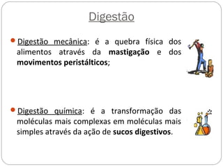 Digestão
Digestão mecânica: é a quebra física dos
alimentos através da mastigação e dos
movimentos peristálticos;
Digestão química: é a transformação das
moléculas mais complexas em moléculas mais
simples através da ação de sucos digestivos.
 