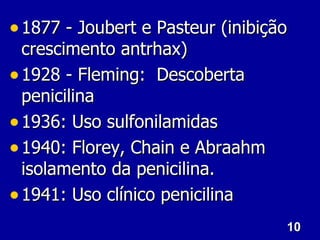 10
10
• 1877 - Joubert e Pasteur (inibição
1877 - Joubert e Pasteur (inibição
crescimento antrhax)
crescimento antrhax)
• 1928 - Fleming: Descoberta
1928 - Fleming: Descoberta
penicilina
penicilina
• 1936: Uso sulfonilamidas
1936: Uso sulfonilamidas
• 1940: Florey, Chain e Abraahm
1940: Florey, Chain e Abraahm
isolamento da penicilina.
isolamento da penicilina.
• 1941: Uso clínico penicilina
1941: Uso clínico penicilina
 