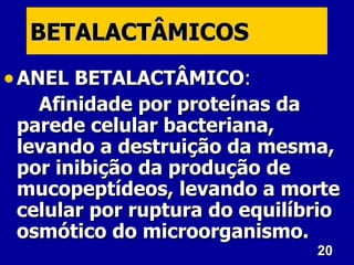 20
20
BETALACTÂMICOS
BETALACTÂMICOS
• ANEL BETALACTÂMICO
ANEL BETALACTÂMICO:
:
Afinidade por proteínas da
Afinidade por proteínas da
parede celular bacteriana,
parede celular bacteriana,
levando a destruição da mesma,
levando a destruição da mesma,
por inibição da produção de
por inibição da produção de
mucopeptídeos, levando a morte
mucopeptídeos, levando a morte
celular por ruptura do equilíbrio
celular por ruptura do equilíbrio
osmótico do microorganismo.
osmótico do microorganismo.
 
