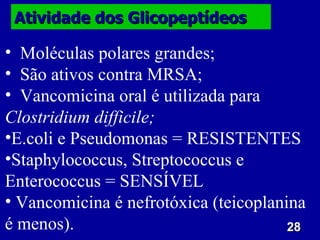 28
28
Atividade dos Glicopeptídeos
Atividade dos Glicopeptídeos
• Moléculas polares grandes;
• São ativos contra MRSA;
• Vancomicina oral é utilizada para
Clostridium difficile;
•E.coli e Pseudomonas = RESISTENTES
•Staphylococcus, Streptococcus e
Enterococcus = SENSÍVEL
• Vancomicina é nefrotóxica (teicoplanina
é menos).
 