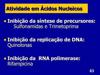 63
63
Atividade em Ácidos Nucleicos
Atividade em Ácidos Nucleicos
• Inibição da síntese de precursores:
Inibição da síntese de precursores:
Sulfonamidas e Trimetoprima
Sulfonamidas e Trimetoprima
• Inibição da replicação de DNA:
Inibição da replicação de DNA:
Quinolonas
Quinolonas
• Inibição da RNA polimerase:
Inibição da RNA polimerase:
Rifampicina
Rifampicina
 