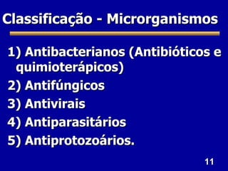 Classificação - Microrganismos

1) Antibacterianos (Antibióticos e
 quimioterápicos)
2) Antifúngicos
3) Antivirais
4) Antiparasitários
5) Antiprotozoários.
                               11
 
