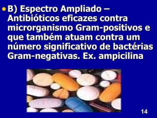 • B) Espectro Ampliado –
 Antibióticos eficazes contra
 microrganismo Gram-positivos e
 que também atuam contra um
 número significativo de bactérias
 Gram-negativas. Ex. ampicilina




                               14
 