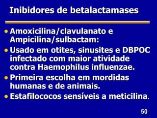 Inibidores de betalactamases

• Amoxicilina/clavulanato e
  Ampicilina/sulbactam:
• Usado em otites, sinusites e DBPOC
  infectado com maior atividade
  contra Haemophilus influenzae.
• Primeira escolha em mordidas
  humanas e de animais.
• Estafilococos sensíveis a meticilina.
                                    50
 