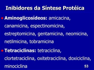 Inibidores da Síntese Protéica
• Aminoglicosídeos: amicacina,
 canamicina, espectinomicina,
 estreptomicina, gentamicina, neomicina,
 netilmicina, tobramicina

• Tetraciclinas: tetraciclina,
 clortetraciclina, oxitetraciclina, doxiciclina,
 minociclina                                53
 