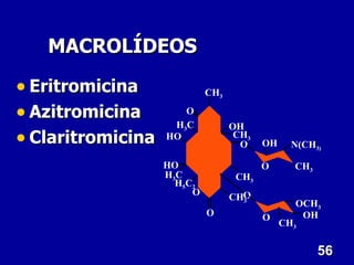 MACROLÍDEOS

• Eritromicina               CH3

• Azitromicina        O
                    H3 C           OH
• Claritromicina   HO               CH3
                                     O    OH     N(CH3)

                   HO                     O      CH3
                   H3 C             CH3
                     H5 C2
                         O         CHO
                                     3
                                                 OCH3
                             O            O       OH
                                               CH3

                                                       56
 