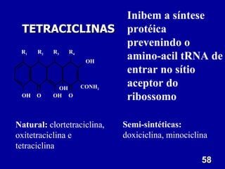 Inibem a síntese
 TETRACICLINAS                protéica
                              prevenindo o
 R1   R2   R3   R4
                      OH
                              amino-acil tRNA de
                              entrar no sítio
            OH       CONH2    aceptor do
 OH   O    OH O               ribossomo

Natural: clortetraciclina,   Semi-sintéticas:
oxitetraciclina e            doxiciclina, minociclina
tetraciclina
                                                   58
 