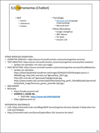 OTROS SERVICIOS COGNITIVOS
• COGNITIVE-SERVIcES:: https://azure.microsoft.com/en-us/services/cognitive-services/
• TEXT-ANALYTICS: https://azure.microsoft.com/en-us/services/cognitive-services/text-analytics/
• (probar con ejemplos: me rasca una nalga)
• FACE-DETECTION: https://azure.microsoft.com/en-us/services/cognitive-services/face/#detection
• (probar con ejemplos:
https://d2yoo3qu6vrk5d.cloudfront.net/images/20181012120143/angela-ponce-1-
900x485.jpg, http://dis.unal.edu.co/~fgonza/face_2017.jpg ,
http://dis.unal.edu.co/~jgomezpe/img/jgomezpe.jpg,
https://www.utadeo.edu.co/sites/tadeo/files/styles/img_perfil_150x180/public/person/of
ficials/field_image/francisco_gomez_jaramillo-2pb.jpg )
• QNA MAKER
• MLStudio
• https://studio.azureml.net/
• EJEMPLO 1: AZURE ML.
• YOUTUBE: https://youtu.be/mfhFeDpDa9E
• https://gallery.azure.ai/
REFERENCIAS ADICIONALES
• LUIS: https://channel9.msdn.com/Blogs/MVP-Azure/Cognitive-Services-Episode-3-Deep-dive-into-
LUIS-and-Chatbots
• https://channel9.msdn.com/Series/Explain/Bots-101-Scenarios-for-bots?
11
 