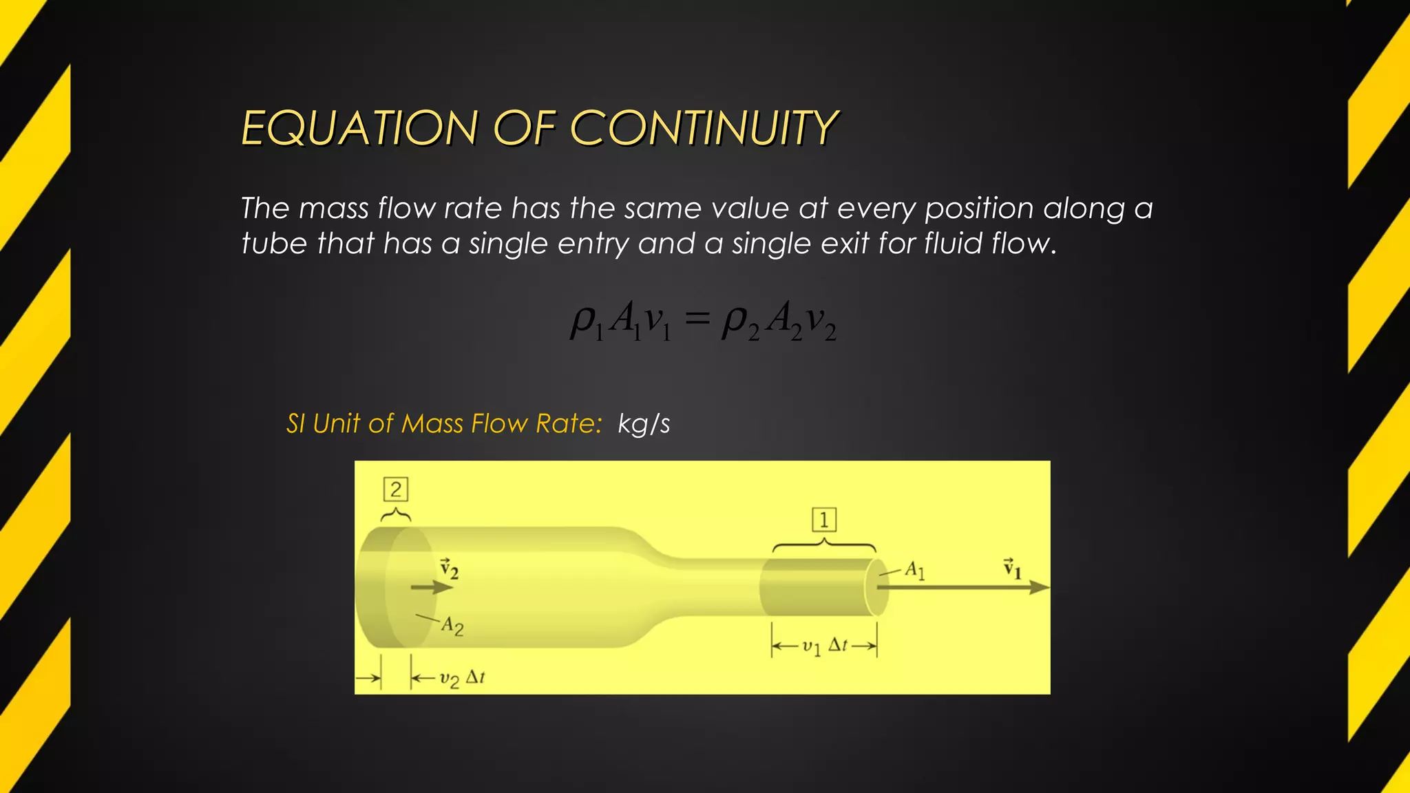 222111 vAvA ρρ =
EQUATION OF CONTINUITYEQUATION OF CONTINUITY
The mass flow rate has the same value at every position along a
tube that has a single entry and a single exit for fluid flow.
SI Unit of Mass Flow Rate: kg/s
 