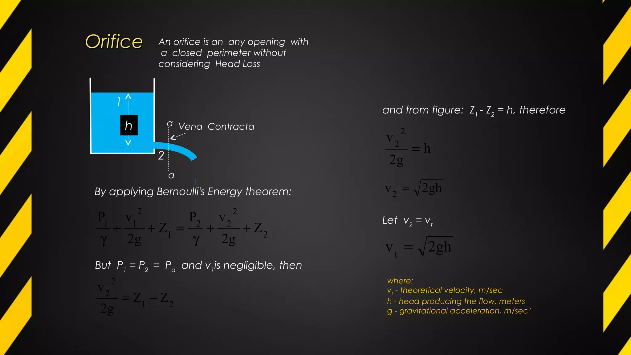 An orifice is an any opening with
a closed perimeter without
considering Head Loss
1
2
a
a
Vena Contractah
By applying Bernoulli's Energy theorem:
2
2
22
1
2
11
Z
g2
vP
Z
g2
vP
++
γ
=++
γ
But P1
= P2
= Pa
and v1is negligible, then
21
2
2
ZZ
g2
v
−=
and from figure: Z1
- Z2
= h, therefore
h
g2
v 2
2
=
gh2v2
=
Let v2 = vt
gh2vt
=
where:
vt
- theoretical velocity, m/sec
h - head producing the flow, meters
g - gravitational acceleration, m/sec2
OrificeOrifice
 