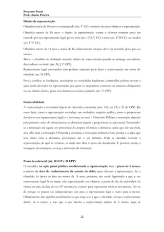 Processo Penal
Prof. Danilo Pereira
Direito de representação
Ofendido maior de 18 anos ou emancipado (art. 5º CC): somente ele pode oferecer a representação.
Ofendido menor de 18 anos: o direito de representação contra o ofensor somente pode ser
exercido por seu representante legal: pai ou mãe (art. 1634, V CC) e tutor (art. 1728 CC) ou curador
(art. 1767 CC).
Ofendido menor de 18 anos e maior de 16, relativamente incapaz, deve ser assistido pelos pais ou
tutores.
Morte o ofendido ou declarado ausente: direito de representação passará ao cônjuge, ascendente,
descendente ou irmão (art. 24, § 1º CPP).
Representante legal: procurador com poderes especiais pode fazer a representação em nome do
ofendido (art. 39 CPP).
Pessoa jurídica: as fundações, associações ou sociedades legalmente constituídas podem exercer a
ação penal, devendo ser representadas por quem os respectivos contratos ou estatutos designarem
ou, no silêncio destes, pelos seus diretores ou sócios gerentes (art. 37 CPP).

Irretratabilidade
A representação é irretratável depois de oferecida a denúncia (arts. 102, do CP, e 25 do CPP). De
outro lado, como a representação estabelece um verdadeiro negócio jurídico, entre o proponente
(lesado ou seu representante legal) e o aceitante, no caso o Ministério Público, a retratação efetuada
pelo primeiro antes do oferecimento da denúncia impede a propositura da ação penal. Permitindose a retratação até aquele ato processual do parquet, oferecida a denúncia, ainda que não recebida,
não cabe mais a retratação. Oferecida a denúncia, a retratação nenhum efeito produz e a ação, que
teve início com a denúncia, prosseguirá até o seu término. Pode o ofendido renovar a
representação, da qual se retratou, se ainda não fluiu o prazo de decadência. É possível, assim, a
revogação da retratação, ou seja, a retratação da retratação.

Prazo decadencial (art. 103 CP e 38 CPP)
O ofendido, na ação penal pública condicionada a representação, tem o prazo de 6 meses,
contados da data do conhecimento da autoria do delito para oferecer a representação. Se o
ofendido, há época do fato era menor de 18 anos, portanto, não sendo legitimado a agir, e seu
representante legal ficou inerte, não representando seu ofensor, a partir do dia da maioridade da
vítima, ou seja, da data de seu 18º aniversário, o prazo para representar inicia-se novamente. Isso se
dá porque os prazos são independentes: um para o representante legal e outro para o menor.
Oferecimento não significa recebimento: o que exige a lei é que o ofendido ofereça a representação
dentro de 6 meses, e não que o juiz receba a representação dentro de 6 meses, logo, se

12

 