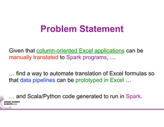 Problem Statement
Given that column-oriented Excel applications can be
manually translated to Spark programs, …
… find a way to automate translation of Excel formulas so
that data pipelines can be prototyped in Excel …
… and Scala/Python code generated to run in Spark.
 