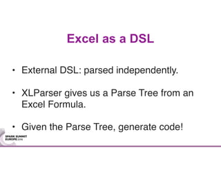 Excel as a DSL
• External DSL: parsed independently.
• XLParser gives us a Parse Tree from an
Excel Formula.
• Given the Parse Tree, generate code!
 