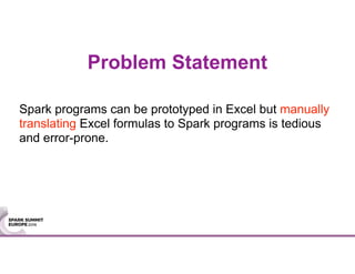 Problem Statement
Spark programs can be prototyped in Excel but manually
translating Excel formulas to Spark programs is tedious
and error-prone.
 