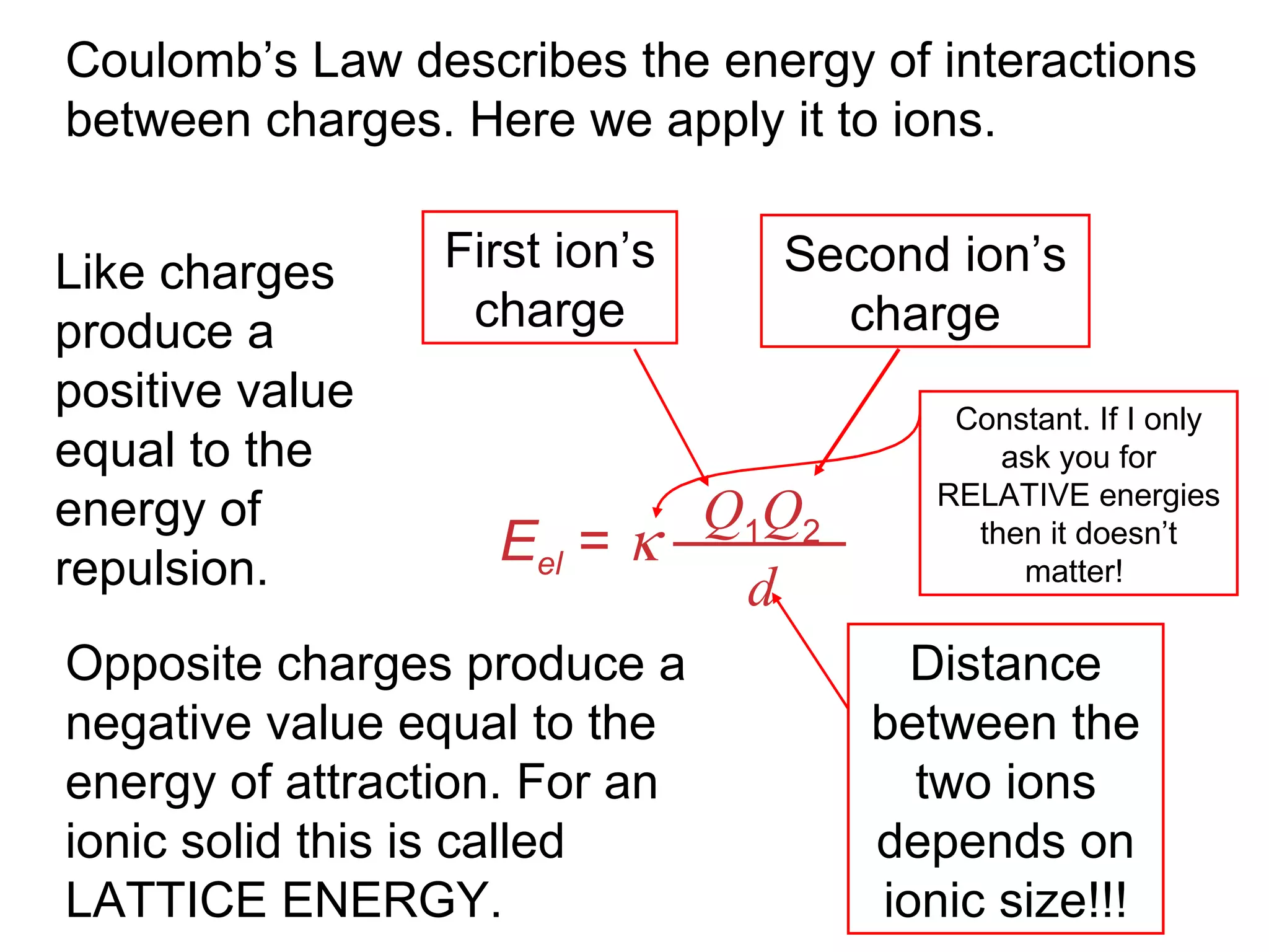 E el  =   Q 1 Q 2 d Like charges produce a positive value equal to the energy of repulsion. Opposite charges produce a negative value equal to the energy of attraction. For an ionic solid this is called LATTICE ENERGY. Coulomb’s Law describes the energy of interactions between charges. Here we apply it to ions. First ion’s charge Second ion’s charge Distance between the two ions depends on ionic size!!! Constant. If I only ask you for RELATIVE energies then it doesn’t matter!  