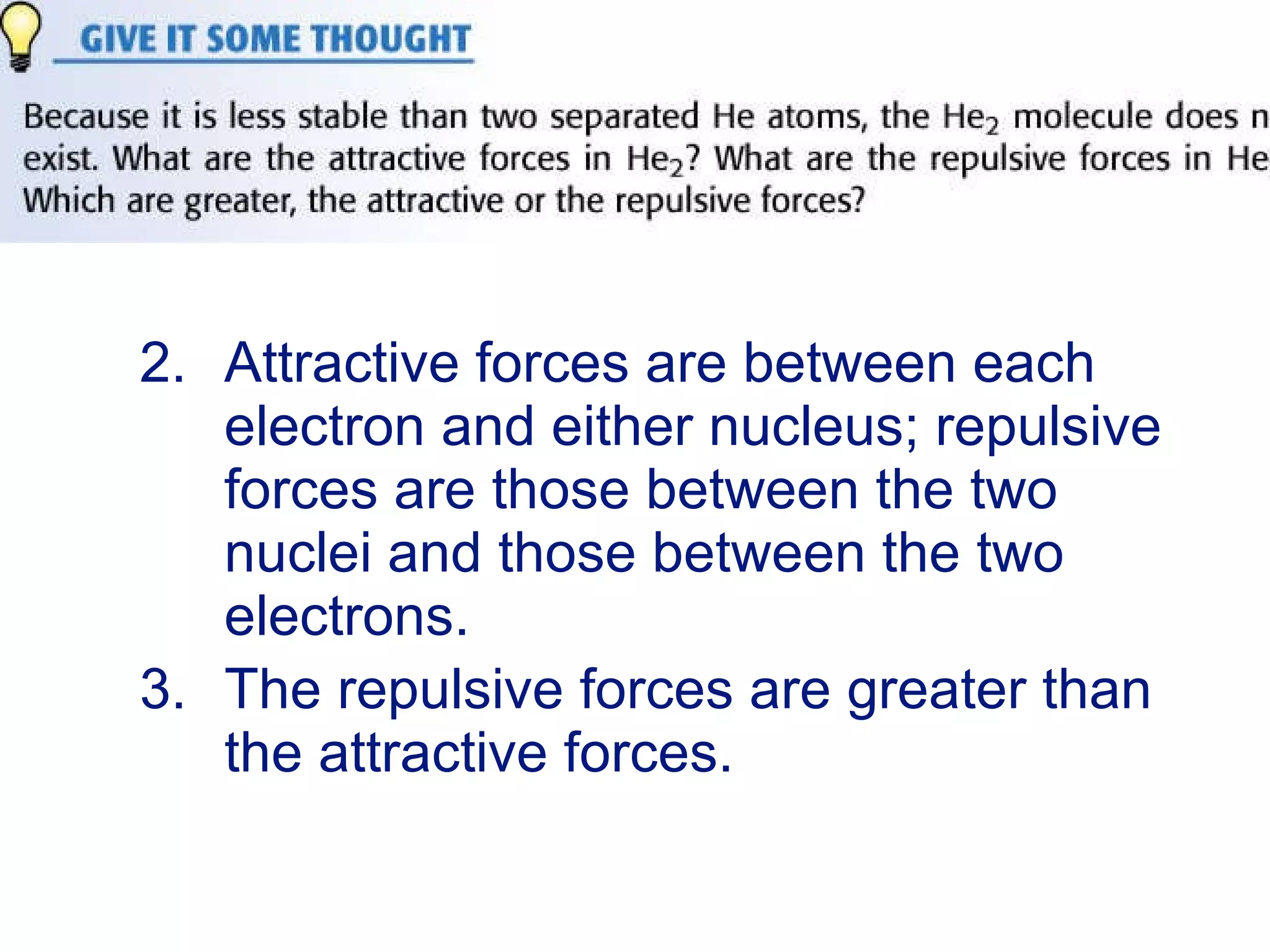 Attractive forces are between each electron and either nucleus; repulsive forces are those between the two nuclei and those between the two electrons. The repulsive forces are greater than the attractive forces.   