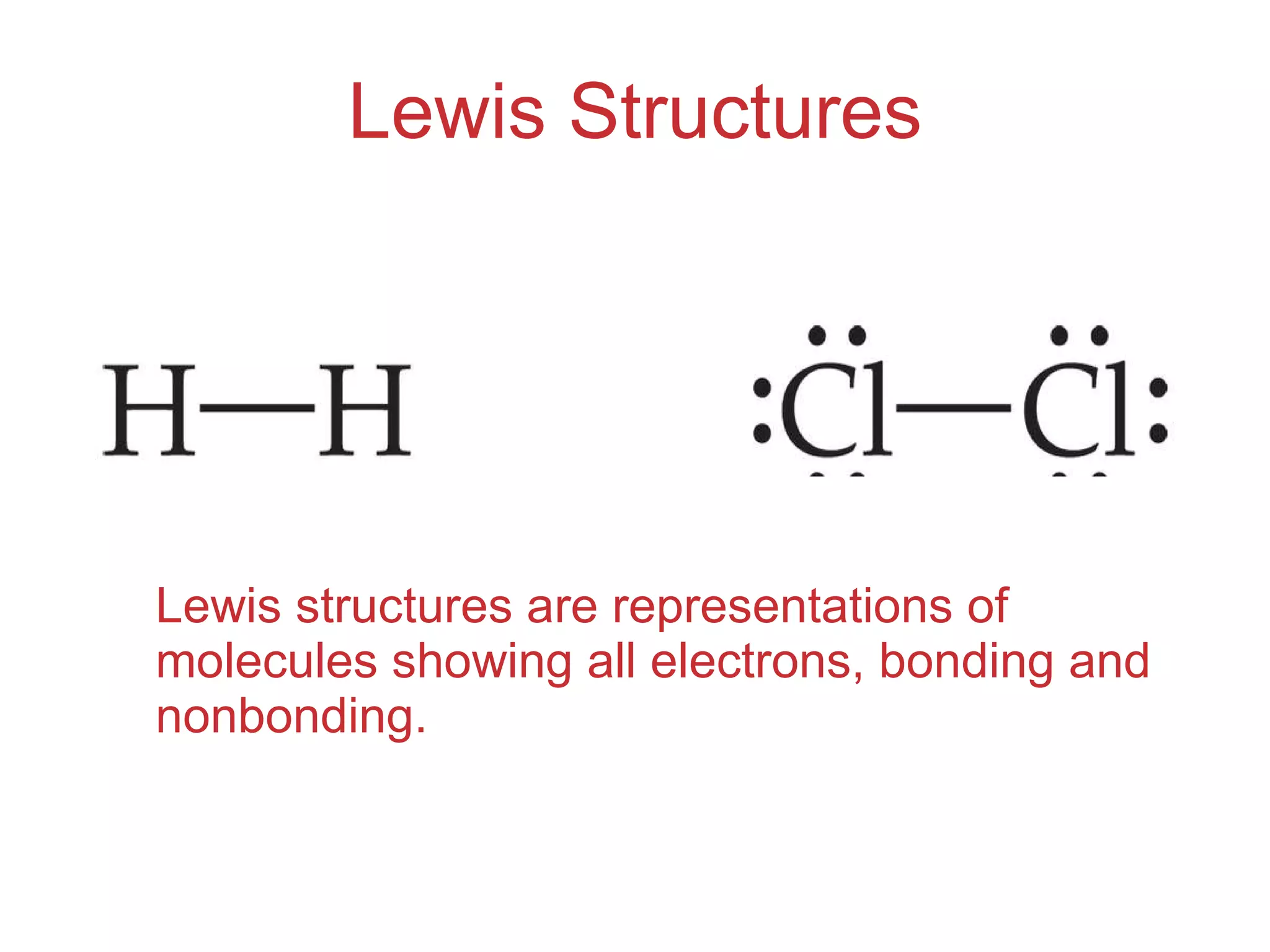 Lewis Structures Lewis structures are representations of molecules showing all electrons, bonding and nonbonding. 