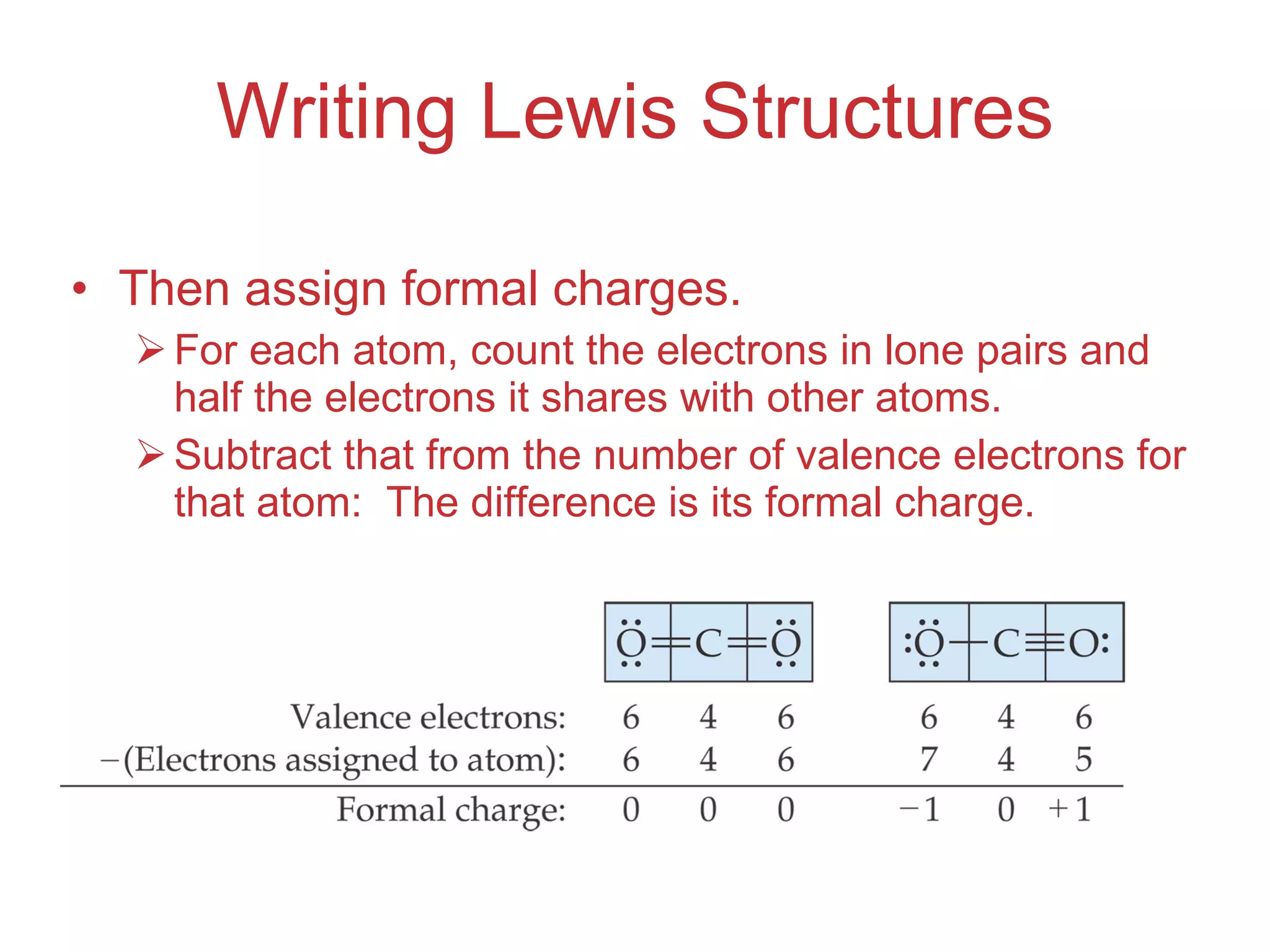 Writing Lewis Structures Then assign formal charges. For each atom, count the electrons in lone pairs and half the electrons it shares with other atoms. Subtract that from the number of valence electrons for that atom:  The difference is its formal charge. 
