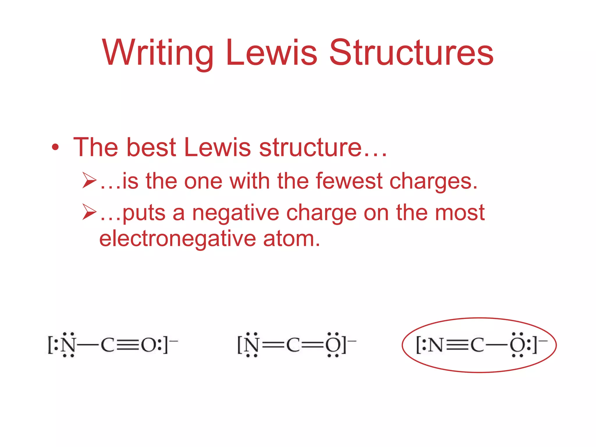 Writing Lewis Structures The best Lewis structure… … is the one with the fewest charges. … puts a negative charge on the most electronegative atom. 