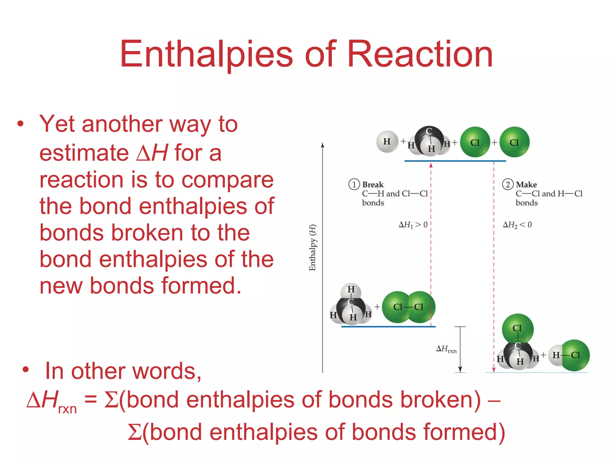 Enthalpies of Reaction Yet another way to estimate   H  for a reaction is to compare the bond enthalpies of bonds broken to the bond enthalpies of the new bonds formed. In other words,   H rxn  =   (bond enthalpies of bonds broken)    (bond enthalpies of bonds formed) 