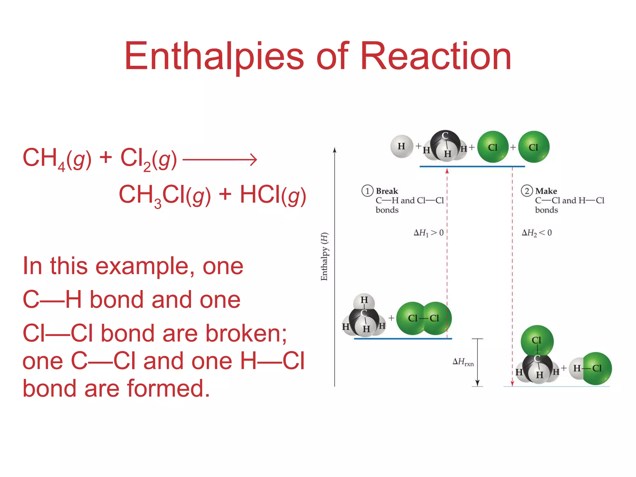 Enthalpies of Reaction CH 4 ( g )  + Cl 2 ( g )    CH 3 Cl ( g )  + HCl ( g ) In this example, one C — H bond and one Cl — Cl bond are broken; one C — Cl and one H — Cl bond are formed. 