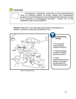 123
PAUNLARIN
Gawain 3. Mapa-Suri. Suriin ang mapa upang makita ang kaugnayan ng
lokasyon ng Greece sa pag-unlad ng kabihasnan nito.
Sa bahaging ito, inaasahang matututuhan mo ang mga kabihasnang
nabuo sa Panahong Klasikal ng Europe, kabilang ang mahahalagang
pangyayari sa bawat kabihasnan at ang mahahalagang kontribusyon ng mga
ito sa paghubog ng pandaigdigang kamalayan. Simulan mo na ang
paglalakbay tungo sa iyong pagkatuto.
Pamprosesong
Tanong
1. Ano ang mga
anyong tubig na
malapit sa Greece?
2. Saang direksyon
ng Greece makikita
ang Isla ng Crete?
3. Paano
nakaimpluwensiya ang
lokasyon ng Greece
sa pag-usbong ng
Kabihasnang Greek?
Mapa 1.1 Mapa ng Europe
 