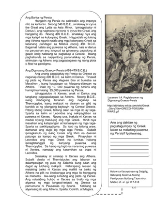 135
Halaw sa Kasaysayan ng Daigdig,
Batayang Aklat sa Araling
Panlipunan Ikatlong Taon nina
Mateo et. al. pp 117-118
Ang Banta ng Persia
Hangarin ng Persia na palawakin ang imperyo
nito sa kanluran. Noong 546 B.C.E., sinalakay ni cyrus
the Great ang Lydia sa Asia Minor. Ipinagpatuloy ni
Darius I, ang nagmana ng trono ni cyrus the Great, ang
hangaring ito. Noong 499 B.C.E., sinalakay niya ang
mga kalapit na kolonyang Greek. Nagpadala ng tulong
ang Athens ngunit natalo ang mga kolonyang Greek sa
labanang pandagat sa Miletus noong 494 B.C.E.
Bagamat natalo ang puwersa ng Athens, nais ni darius
na parusahan ang lungsod sa ginawang pagtulong at
gawin itong hakbang sa pagsakop a Greece. Bilang
paghahanda sa napipintong pananalakay ng Persia,
sinimulan ng Athens ang pagpapagawa ng isang plota
o fleet na pandigma.
Ang Digmaang Graeco- Persia (499-479 B.C.E.)
Ang unang pagsalakay ng Persia sa Greece ay
naganap noong 490 B.C.E. sa ilalim ni Darius. Tinawid
ng plota ng Persia ang Aegean Sea at bumaba sa
Marathon , isang kapatagan sa hilagang-silangan ng
Athens. Tinalo ng 10, 000 puwersa ng Athens ang
humigit-kumulang 25,000 puwersa ng Persia.
Ipinagpatuloy ni Xerxes, anak ni Darius ang
tangkang pagpapabagsak sa Athens. Noong B.C.E.,
isang madugong labanan ang naganap sa
Thermopylae, isang makipot na daanan sa gilid ng
bundok at ng silangang baybayin ng Central Greece.
Pitong libong Greek, tatlong daan sa mga ito ay taga-
Sparta sa ilalim ni Leonidas ang nakipaglaban sa
puwersa ni Xerxes. Noong una, inakala ni Xerxes na
madali niyang malulupig ang mga Greek. Hindi niya
inasahan ang katapangan at kahusayan ng mga taga-
Sparta sa pakikipagdigma. Sa loob ng tatlong araw,
dumanak ang dugo ng mga taga Persia. Subalit
ipinagkanulo ng isang Greek ang lihim na daanan
patungo sa kampo ng mga Greek. Pinayuhan ni
Leonidas ang mga Greek na lumikas habang
ipinagtatanggol ng kanyang puwersa ang
Thermopylae. Sa harap ng higit na maraming puwersa
ni Xerxes, namatay ang karamihan sa tropa ni
Leonidas.
Sinalakay at sinakop ni Xerxes ang Athens.
Subalit dinala ni Themistocles ang labanan sa
dalampasigan ng pulo ng Salamis kung saan ang
dagat ay lubhang makipot. Nahirapang iwasan ng
malaking barko ni Xerxes ang maliliit na barko ng
Athens na pilit na binabangga ang mga ito hanggang
sa mabutas. Isa-isang lumubog ang plota ng Persia.
Ang nalalabing hukbo ni Xerxes ay tinalo ng mga
alyansa ng mga lungsod-estado ng Greece sa
pamumuno ni Pausanias ng Sparta. Kabilang sa
alyansang ito ang Athens, Sparta, Corinth, at Megara.
Larawan 1.4. Paglalarawan ng
Digmaang Graeco-Persia
Ano ang dahilan ng
pagtatagumpay ng Greek
laban sa malaking puwersa
ng Persia? Ipaliwanag.
______________________
______________________
______________________
______________________
______________________
______________________.
http://althistory.wikia.com/wiki/Greek
_Glory?file=GRECO-PERSIAN-
WARS.gif
 