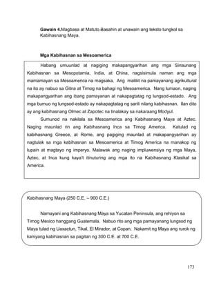 173
Gawain 4.Magbasa at Matuto.Basahin at unawain ang teksto tungkol sa
Kabihasnang Maya.
Mga Kabihasnan sa Mesoamerica
Kabihasnang Maya (250 C.E. – 900 C.E.)
Namayani ang Kabihasnang Maya sa Yucatan Peninsula, ang rehiyon sa
Timog Mexico hanggang Guatemala. Nabuo rito ang mga pamayanang lungsod ng
Maya tulad ng Uaxactun, Tikal, El Mirador, at Copan. Nakamit ng Maya ang rurok ng
kaniyang kabihasnan sa pagitan ng 300 C.E. at 700 C.E.
Habang umuunlad at nagiging makapangyarihan ang mga Sinaunang
Kabihasnan sa Mesopotamia, India, at China, nagsisimula naman ang mga
mamamayan sa Mesoamerica na magsaka. Ang maliliit na pamayanang agrikultural
na ito ay nabuo sa Gitna at Timog na bahagi ng Mesoamerica. Nang lumaon, naging
makapangyarihan ang ibang pamayanan at nakapagtatag ng lungsod-estado. Ang
mga bumuo ng lungsod-estado ay nakapagtatag ng sarili nilang kabihasnan. Ilan dito
ay ang kabihasnang Olmec at Zapotec na tinalakay sa nakaraang Modyul.
Sumunod na nakilala sa Mesoamerica ang Kabihasnang Maya at Aztec.
Naging maunlad rin ang Kabihasnang Inca sa Timog America. Katulad ng
kabihasnang Greece, at Rome, ang pagiging maunlad at makapangyarihan ay
nagtulak sa mga kabihasnan sa Mesoamerica at Timog America na manakop ng
lupain at magtayo ng imperyo. Malawak ang naging impluwensiya ng mga Maya,
Aztec, at Inca kung kaya’t itinuturing ang mga ito na Kabihasnang Klasikal sa
America.
 