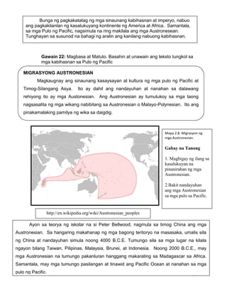 201
Gawain 22: Magbasa at Matuto. Basahin at unawain ang teksto tungkol sa
mga kabihasnan sa Pulo ng Pacific
MIGRASYONG AUSTRONESIAN
Magkaugnay ang sinaunang kasaysayan at kultura ng mga pulo ng Pacific at
Timog-Silangang Asya. Ito ay dahil ang nandayuhan at nanahan sa dalawang
rehiyong ito ay mga Austonesian. Ang Austronesian ay tumutukoy sa mga taong
nagsasalita ng mga wikang nabibilang sa Austronesian o Malayo-Polynesian. Ito ang
pinakamalaking pamilya ng wika sa daigdig.
Bunga ng pagkakatatag ng mga sinaunang kabihasnan at imperyo, nabuo
ang pagkakilanlan ng kasalukuyang kontinente ng America at Africa. Samantala,
sa mga Pulo ng Pacific, nagsimula na ring makilala ang mga Austronesean.
Tunghayan sa susunod na bahagi ng aralin ang kanilang nabuong kabihasnan.
Ayon sa teorya ng iskolar na si Peter Bellwood, nagmula sa timog China ang mga
Austronesian. Sa hangaring makahanap ng mga bagong teritoryo na masasaka, umalis sila
ng China at nandayuhan simula noong 4000 B.C.E. Tumungo sila sa mga lugar na kilala
ngayon bilang Taiwan, Pilipinas, Malaysia, Brunei, at Indonesia. Noong 2000 B.C.E., may
mga Austronesian na tumungo pakanluran hanggang makarating sa Madagascar sa Africa.
Samantala, may mga tumungo pasilangan at tinawid ang Pacific Ocean at nanahan sa mga
pulo ng Pacific.
Mapa 2.8. Migrasyon ng
mga Austronesian.
Gabay na Tanong
1. Magbigay ng ilang sa
kasalukuyan na
pinanirahan ng mga
Austronesian.
2.Bakit nandayuhan
ang mga Austronesian
sa mga pulo sa Pacific.
http://en.wikipedia.org/wiki/Austronesian_peoples
 