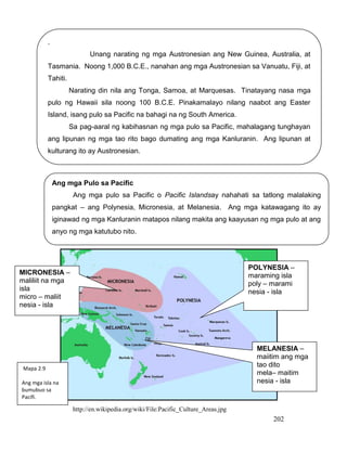 202
.
Unang narating ng mga Austronesian ang New Guinea, Australia, at
Tasmania. Noong 1,000 B.C.E., nanahan ang mga Austronesian sa Vanuatu, Fiji, at
Tahiti.
Narating din nila ang Tonga, Samoa, at Marquesas. Tinatayang nasa mga
pulo ng Hawaii sila noong 100 B.C.E. Pinakamalayo nilang naabot ang Easter
Island, isang pulo sa Pacific na bahagi na ng South America.
Sa pag-aaral ng kabihasnan ng mga pulo sa Pacific, mahalagang tunghayan
ang lipunan ng mga tao rito bago dumating ang mga Kanluranin. Ang lipunan at
kulturang ito ay Austronesian.
http://en.wikipedia.org/wiki/File:Pacific_Culture_Areas.jpg
Ang mga Pulo sa Pacific
Ang mga pulo sa Pacific o Pacific Islandsay nahahati sa tatlong malalaking
pangkat – ang Polynesia, Micronesia, at Melanesia. Ang mga katawagang ito ay
iginawad ng mga Kanluranin matapos nilang makita ang kaayusan ng mga pulo at ang
anyo ng mga katutubo nito.
POLYNESIA –
maraming isla
poly – marami
nesia - isla
MICRONESIA –
maliliit na mga
isla
micro – maliit
nesia - isla
MELANESIA –
maiitim ang mga
tao dito
mela– maitim
nesia - isla
Mapa 2.9
Ang mga isla na
bumubuo sa
Pacifi.
 