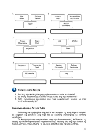 22
Pamprosesong Tanong
1. Ano ang mga katangi-tanging paglalarawan sa bawat kontinente?
2. Sa anong aspekto nagkakatulad o nagkakaiba ang mga kontinente?
3. Bakit mahalagang pag-aralan ang mga paglalarawan tungkol sa mga
kontinente ng daigdig?
Mga Anyong Lupa at Anyong Tubig
Tinatawag na topograpiya ang pisikal na katangian ng isang lugar o rehiyon.
Sa pagdaan ng panahon, ang mga tao ay natutong makiangkop sa kanilang
kapaligiran.
Sa kasaysayan ng sangkatauhan, ang mga kauna-unahang kabihasnan ng
daigdig ay umusbong malapit sa mga lambak-ilog. Kabilang dito ang mga lambak ng
Tigris-Euphrates, Indus, Huang Ho sa Asya, at lambak-ilog ng Nile sa Africa.
1.
Nile
River
Sahara
Desert
Egypt
2.
Hudson
Bay
Appalachian
Mountains
Rocky
Mountains
3.
Cape
Horn
Andes
Mountains
Argentina
4.
K-2 Lhotse
Tibet
5.
Kangaroo Tasmanian
Devil
Micronesia
6.
Iberian
Peninsula
Balkan
Peninsula
Italy
 