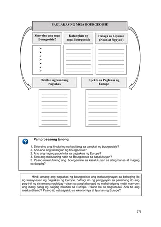 271
PAGLAKAS NG MGA BOURGEOISIE
Sino-sino ang mga
Bourgeoisie?
Katangian ng
mga Bourgeoisie
Halaga sa Lipunan
(Noon at Ngayon)







_______________
_______________
_______________
_______________
_______________
_______________
_______________
_______________
_______________
_________
________________
________________
________________
________________
________________
________________
________________
________________
________________
________________
__
Dahilan ng kanilang
Paglakas
Epekto sa Paglakas ng
Europe
________________
________________
________________
________________
________________
________________
________________
________________
________________
__________________
__________________
__________________
__________________
__________________
__________________
__________________
__________________
__________________
Pamprosesong tanong
1. Sino-sino ang itinuturing na kabilang sa pangkat ng bourgeoisie?
2. Ano-ano ang katangian ng bourgeoisie?
3. Ano ang naging papel nila sa paglakas ng Europe?
4. Sino ang maituturing natin na Bourgeoisie sa kasalukuyan?
5. Paano nakatutulong ang bourgeoisie sa kasalukuyan sa ating bansa at maging
sa daigdig?
Hindi lamang ang paglakas ng bourgeoisie ang matutunghayan sa bahaging ito
ng kasaysayan ng paglakas ng Europe, bahagi rin ng pangyayari sa panahong ito ang
pag-iral ng sistemang nagbigay –daan sa paghahangad ng mahahalgang metal mayroon
ang ibang panig ng daigdig maliban sa Europe. Paano ba ito nagsimula? Ano ba ang
merkantilismo? Paano ito nakaapekto sa ekonomiya at lipunan ng Europe?
 