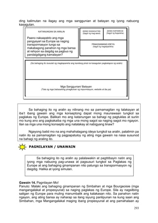 293
ding kalimutan na ilagay ang mga sanggunian at batayan ng iyong nabuong
kasagutan.
Sa bahaging ito ng aralin ay nilinang mo sa pamamagitan ng talakayan at
iba’t ibang gawain ang mga konseptong dapat mong maunawaan tungkol sa
paglakas ng Europe. Balikan mo ang katanungan sa bahagi ng pagtuklas at suriin
mo kung ano ang pagkakaiba ng mga una mong sagot sa naging sagot mo ngayon.
Ilan sa mga una mong konsepto ang natalakay at nabigyang linaw?
Ngayong batid mo na ang mahahalagang ideya tungkol sa aralin, palalimin pa
natin ito sa pamamagitan ng pagpapatuloy ng ating mga gawain na nasa susunod
na bahagi ng araling ito.
PAGNILAYAN / UNAWAIN
Gawain 14. Pagnilayan Mo!
Panuto: Malaki ang bahaging ginampanan ng Simbahan at mga Bourgeoisie (mga
mangangalakal at propesyunal) sa naging paglakas ng Europe. Sila ay nagsilbing
saligan ng Europe para muling manumbalik ang kalakasan nito. Sa panahon natin
ngayon, ang ating bansa ay naharap sa ilang isyung panlipunan na kung saan ang
Simbahan, mga Mangangalakal maging ibang propesyunal at ang pamahalaan ay
(Sa bahaging ito isusulat ng magkapareha ang kanilang pinal na kasagutan pagkatapos ng aralin)
AKING KASAGUTAN
(Sagot ng mag-aaral)
AKING KAPAREHA
(Sagot ng Kapareha)
PINAGSAMANG IDEYA
(Sagot ng magkapareha)
Mga Sanggunian/ Batayan
(Tala ng mga babasahing pinagkunan ng impormasyon, website at iba pa)
Sa bahaging ito ng aralin ay palalawakin at pagtitibayin natin ang
iyong mga nabuong pag-unawa at pagsusuri tungkol sa Paglakas ng
Europe at ang bahaging ginampanan nito patungo sa transpormasyon ng
daigdig. Halika at iyong simulan.
Paano nakaapekto ang mga
pangyayari sa Europe sa naging
transpormasyon tungo sa
makabagong panahon ng mga bansa
at rehiyon sa daigdig sa pagbuo ng
pandaigdigang kamalayan?
KATANUNGAN SA ARALIN
 