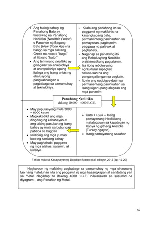 36
Teksto mula sa Kasaysayan ng Daigdig ni Mateo et.al, edisyon 2012 (pp. 12-20)
 May populasyong mula 3000
– 6000 katao
 Magkakadikit ang mga
dingding ng kabahayan at
ang tabing pasukan ng isang
bahay ay mula sa bubungan
pababa sa hagdan
 Inililibing ang mga yumao
loob ng kanilang bahay
 May paghahabi, paggawa
ng mga alahas, salamin, at
kutsilyo
 Ang huling bahagi ng
Panahong Bato ay
tinatawag na Panahong
Neolitiko (Neolithic Period)
o Panahon ng Bagong
Bato (New Stone Age) na
hango sa mga salitang
Greek na neos o “bago”
at lithos o “bato.”
 Ang terminong neolitiko ay
ginagamit sa arkeolohiya
at antropolohiya upang
italaga ang isang antas ng
ebolusyong
pangkalinangan o
pagbabago sa pamumuhay
at teknolohiya.
 Catal Huyuk – Isang
pamayanang Neolitikong
matatagpuan sa kapatagan ng
Konya ng gitnang Anatolia
(Turkey ngayon)
 Isang pamayanang sakahan
 Kilala ang panahong ito sa
paggamit ng makikinis na
kasangkapang bato,
permanenteng paninirahan sa
pamayanan, pagtatanim,
paggawa ng palayok at
paghahabi.
 Naganap sa panahong ito
ang Rebolusyong Neolitiko
o sistematikong pagtatanim.
 Isa itong rebolusyong
agrikultural sapagkat
natustusan na ang
pangangailangan sa pagkain.
 Ito rin ang nagbigay-daan sa
permanenteng paninirahan sa
isang lugar upang alagaan ang
mga pananim
Panahong Neolitiko
dakong 10,000 – 4000 B.C.E.
Nagkaroon ng malaking pagbabago sa pamumuhay ng mga sinaunang
tao nang matutuhan nila ang paggamit ng mga kasangkapan at sandatang yari
sa metal. Naganap ito dakong 4000 B.C.E. Inilalarawan sa susunod na
diyagram – ang Panahon ng Metal.
 