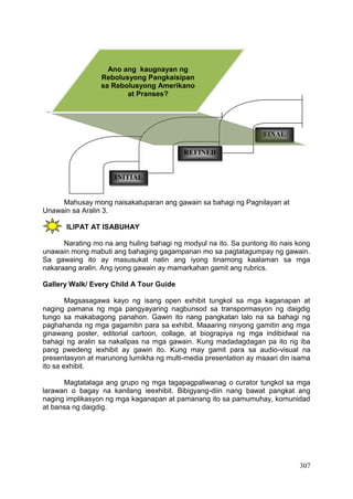 307
Mahusay mong naisakatuparan ang gawain sa bahagi ng Pagnilayan at
Unawain sa Aralin 3.
ILIPAT AT ISABUHAY
Narating mo na ang huling bahagi ng modyul na ito. Sa puntong ito nais kong
unawain mong mabuti ang bahaging gagampanan mo sa pagtatagumpay ng gawain.
Sa gawaing ito ay masusukat natin ang iyong tinamong kaalaman sa mga
nakaraang aralin. Ang iyong gawain ay mamarkahan gamit ang rubrics.
Gallery Walk/ Every Child A Tour Guide
Magsasagawa kayo ng isang open exhibit tungkol sa mga kaganapan at
naging pamana ng mga pangyayaring nagbunsod sa transpormasyon ng daigdig
tungo sa makabagong panahon. Gawin ito nang pangkatan lalo na sa bahagi ng
paghahanda ng mga gagamitin para sa exhibit. Maaaring ninyong gamitin ang mga
ginawang poster, editorial cartoon, collage, at biograpiya ng mga indibidwal na
bahagi ng aralin sa nakalipas na mga gawain. Kung madadagdagan pa ito ng iba
pang pwedeng iexhibit ay gawin ito. Kung may gamit para sa audio-visual na
presentasyon at marunong lumikha ng multi-media presentation ay maaari din isama
ito sa exhibit.
Magtatalaga ang grupo ng mga tagapagpaliwanag o curator tungkol sa mga
larawan o bagay na kanilang ieexhibit. Bibigyang-diin nang bawat pangkat ang
naging implikasyon ng mga kaganapan at pamanang ito sa pamumuhay, komunidad
at bansa ng daigdig.
FINAL
REFINED
D
INITIAL
Ano ang kaugnayan ng
Rebolusyong Pangkaisipan
sa Rebolusyong Amerikano
at Pranses?
 