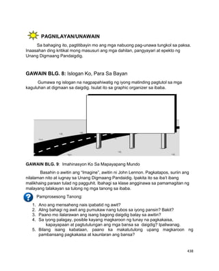 438
PAGNILAYAN/UNAWAIN
Sa bahaging ito, pagtitibayin mo ang mga nabuong pag-unawa tungkol sa paksa.
Inaasahan ding kritikal mong masusuri ang mga dahilan, pangyayari at epekto ng
Unang Digmaang Pandaigdig.
GAWAIN BLG. 8: Islogan Ko, Para Sa Bayan
Gumawa ng islogan na nagpapahiwatig ng iyong matinding pagtutol sa mga
kaguluhan at digmaan sa daigdig. Isulat ito sa graphic organizer sa ibaba.
GAWAIN BLG. 9: Imahinasyon Ko Sa Mapayapang Mundo
Basahin o awitin ang “Imagine”, awitin ni John Lennon. Pagkatapos, suriin ang
nilalaman nito at iugnay sa Unang Digmaang Pandaidig. Ipakita ito sa iba’t ibang
malikhaing paraan tulad ng pagguhit. Ibahagi sa klase angginawa sa pamamagitan ng
malayang talakayan sa tulong ng mga tanong sa ibaba.
Pamprosesong Tanong:
1. Ano ang mensaheng nais ipabatid ng awit?
2. Aling bahagi ng awit ang pumukaw nang lubos sa iyong pansin? Bakit?
3. Paano mo ilalarawan ang isang bagong daigdig batay sa awitin?
4. Sa iyong palagay, posible kayang magkaroon ng tunay na pagkakaisa,
kapayapaan at pagtutulungan ang mga bansa sa daigdig? Ipaliwanag.
5. Bilang isang kabataan, paano ka makatutulong upang magkaroon ng
pambansang pagkakaisa at kaunlaran ang bansa?
 
