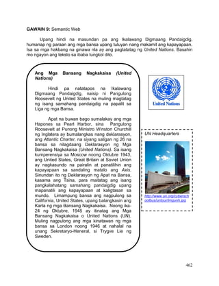 462
GAWAIN 9: Semantic Web
Upang hindi na masundan pa ang Ikalawang Digmaang Pandaigdig,
humanap ng paraan ang mga bansa upang tuluyan nang makamit ang kapayapaan.
Isa sa mga hakbang na ginawa nla ay ang pagtatatag ng United Nations. Basahin
mo ngayon ang teksto sa ibaba tungkol dito.
Ang Mga Bansang Nagkakaisa (United
Nations)
Hindi pa natatapos na Ikalawang
Digmaang Pandaigdig, naisip ni Pangulong
Roosevelt ng United States na muling magtatag
ng isang samahang pandaigdig na papalit sa
Liga ng mga Bansa.
Apat na buwan bago sumalakay ang mga
Hapones sa Pearl Harbor, sina Pangulong
Roosevelt at Punong Ministro Winston Churchill
ng Inglatera ay bumalangkas nang deklarasyon,
ang Atlantic Charter, na siyang saligan ng 26 na
bansa sa nilagdaang Deklarasyon ng Mga
Bansang Nagkakaisa (United Nations). Sa isang
kumperensiya sa Moscow noong Oktubre 1943,
ang United States, Great Britain at Soviet Union
ay nagkasundo na pairalin at panatilihin ang
kapayapaan sa sandaling matalo ang Axis.
Sinundan ito ng Deklarasyon ng Apat na Bansa,
kasama ang Tsina, para maitatag ang isang
pangkalahatang samahang pandaigdig upang
mapanatili ang kapayapaan at kaligtasan sa
mundo. Limampung bansa ang nagpulong sa
California, United States, upang balangkasin ang
Karta ng mga Bansang Nagkakaisa. Noong ika-
24 ng Oktubre, 1945 ay itinatag ang Mga
Bansang Nagkakaisa o United Nations (UN).
Muling nagpulong ang mga kinatawan ng mga
bansa sa London noong 1946 at nahalal na
unang Sekretaryo-Heneral, si Trygve Lie ng
Sweden.
UN Headquarters
http://www.un.org/cybersch
oolbus/untour/imgunh.jpg
 