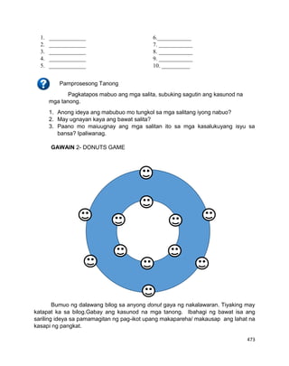 473
1. _____________ 6.____________
2. _____________ 7. ____________
3. _____________ 8. ____________
4. _____________ 9. ____________
5. _____________ 10. __________
Pamprosesong Tanong
Pagkatapos mabuo ang mga salita, subuking sagutin ang kasunod na
mga tanong.
1. Anong ideya ang mabubuo mo tungkol sa mga salitang iyong nabuo?
2. May ugnayan kaya ang bawat salita?
3. Paano mo maiuugnay ang mga salitan ito sa mga kasalukuyang isyu sa
bansa? Ipaliwanag.
GAWAIN 2- DONUTS GAME
Bumuo ng dalawang bilog sa anyong donut gaya ng nakalawaran. Tiyaking may
katapat ka sa bilog.Gabay ang kasunod na mga tanong. Ibahagi ng bawat isa ang
sariling ideya sa pamamagitan ng pag-ikot upang makapareha/ makausap ang lahat na
kasapi ng pangkat.
 