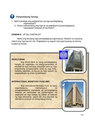 516
Pamprosesong Tanong:
1. Bakit mahalaga ang pagkakaroon ng mga pandaigdigang
organisasyon?
2. Paano makatutulong ang mga ito sa pagkakamit ng pandaigdigang
kapayapaan kalayaan at kaunlaran?
GAWAIN 6: UP Dev CHECKLIST
Narito ang iba pang mga pandaigdigang organisasyon. Basahin at unawaing
mabuti ang mga layunin nito. Pagkatapos ay sagutin ang mga kaugnay na tanong
tungkol sa binasa.
WORLD BANK
INTERNATIONAL MONETARY FUND (IMF)
Ang World Bank ay isang pandaigdigang
bangko na nagbibigay ng tulong-pananalapi at
teknikal sa mga bansang umuunlad para sa mga
programang pangkaunlaran tulad ng mga tulay,
kalsada, paaralan, at iba pa na may layunin ng
pagpapababa ng antas ng kahirapan.
Ang International Monetary Fund ay isang
organisasyong internasyunal na
pinagkatiwalaang mamahala sa pandaigdigang
sistema sa pananalapi sa pamamagitan ng
pagmasid sa mga halaga ng palitan at balanse
ng mga kabayaran, gayon din ang pag-alok ng
teknikal at pinasyal na tulong kapag hiningi.
 