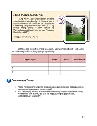 517
Narito na ang tseklist na iyong sasagutan. Lagyan mo ng tsek (/) ang hanay
na maliwanag na isinusulong ng mga organisasyon.
Organisasyon Unity Peace Development
1.
2.
3.
Pamprosesong Tanong:
1. Paano nakatutulong ang mga organisasyong pandaigdig sa pagpapanitili ng
kapayapaan, pagkakaisa at pag-unlad?
2. Ano sa palagay mo ang mangyayari kung walang organisasyong katulad ng
World Bank, IMF at WTO sa taas na nagsusulong ng pagkakaisa,
kapayapaan, at kaunlaran?
WORLD TRADE ORGANIZATION
Ang World Trade Organization ay isang
organisasyong pandaigdig na itinatag upang
mapamanihalaan at magbigay ng kalayaan sa
kalakalang pang-internasyunal. Ang WTO ay
nabuo noong Enero 1, 1995 kahalili ng
Pangkalahatang Kasunduan sa mga Taripa at
Kalakalan (GATT).
Sanggunian: tl.wikipedia.org
 