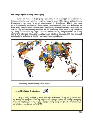518
Iba pang Organisasyong Pandaigdig
Bukod sa mga pandaigdigang organisasyon na nabanggit sa katatapos na
teksto, marami pang organisasyong internasyunal ang nilikha upang patatagin ang
kooperasyon ng mga bansa at magtaguyod ng kaunlaran. Nilikha ang mga
organisasyong ito upang magbigay tulong sa pananalapi, magbigay kalayaan sa
kalakalang internasyunal, mamahala sa sa pandaigdigang sistema ng pananalapi, at
iba pa. May mga samahang rehiyunal din na bumuo ng trade blocs. Ang trade bloc
ay isang kasunduan ng mga bansang kadalasan ay magkakaanib sa isang
samahang rehiyunal na naglalayong bawasan, paliitin, o tanggalin ang mga taripa at
mga hadlang sa taripa sa pagitan ng mga miyembrong bansa.
Narito ang halimbawa ng trade blocs:
1. ASEAN Free Trade Area
Ang Sonang Malayang Kalakalan ng ASEAN (AFTA) ay isang kasunduan
ng hanay na pangkalakalan ng Kapisanan ng mga Bansa sa Timog-Silangang
Asya na nagtataguyod ng mga pampagawaang pampook (local manufacturing)
sa lahat ng mga bansa sa ASEAN.
 