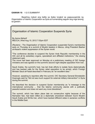 524
GAWAIN 10: 1-2-3 SUMMARY!
Basahing mabuti ang balita sa ibaba tungkol sa pagsususpinde ng
Organization of Islamic Cooperation sa Syria at humandang sagutin ang mga tanong
sa gawain.
Organisation of Islamic Cooperation Suspends Syria
By Asma Alsharif
MECCA | Wed Aug 15, 2012 7:53pm EDT
(Reuters) - The Organisation of Islamic Cooperation suspended Syria's membership
early on Thursday at a summit of Muslim leaders in Mecca, citing President Bashar
al-Assad's violent suppression of the Syrian revolt.
"The conference decides to suspend the Syrian Arab Republic membership in the
OIC and all its subsidiary organs, specialized and affiliated institutions," the closing
statement said.
The move had been approved on Monday at a preliminary meeting of OIC foreign
ministers and was agreed on the summit's second night despite opposition from Iran.
Saudi Arabia, the summit's host, has led Arab efforts to isolate Syria diplomatically
and has backed calls for the Syrian rebel opposition to be armed, which Foreign
Minister Saud al-Fasial described in February as "an excellent idea."
However, speaking to reporters after the summit, OIC Secretary General Ekmeleddin
Ihsanoglu said he "did not see much support for external military intervention" in Syria
during the summit.
He described the decision to suspend Syrian membership as "a message to the
international community ... that the Islamic community stands with a politically
peaceful solution and does not want any more bloodshed."
The summit, which has taken place late on consecutive nights because of the
Ramadan fast, had been billed as a diplomatic showdown between Sunni Muslim
Saudi Arabia and Shi'ite Iran, which have backed different sides in sectarian conflicts
in the Middle East.
 